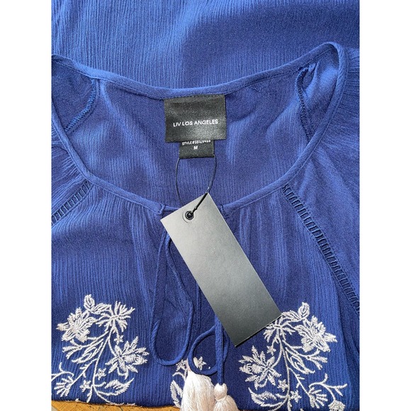 NWT Womens Liv Los Angeles Blue Boho Floral Embroidered Tassel Short Sleeve Top - Picture 3 of 8